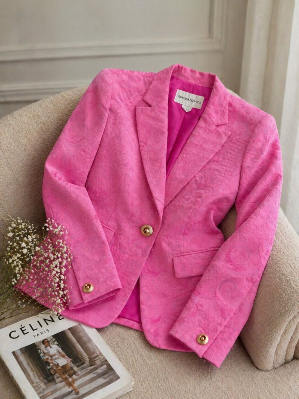 Vanessa Stevens Pink Jacquard Blazer Gold Button Statement Jacket
